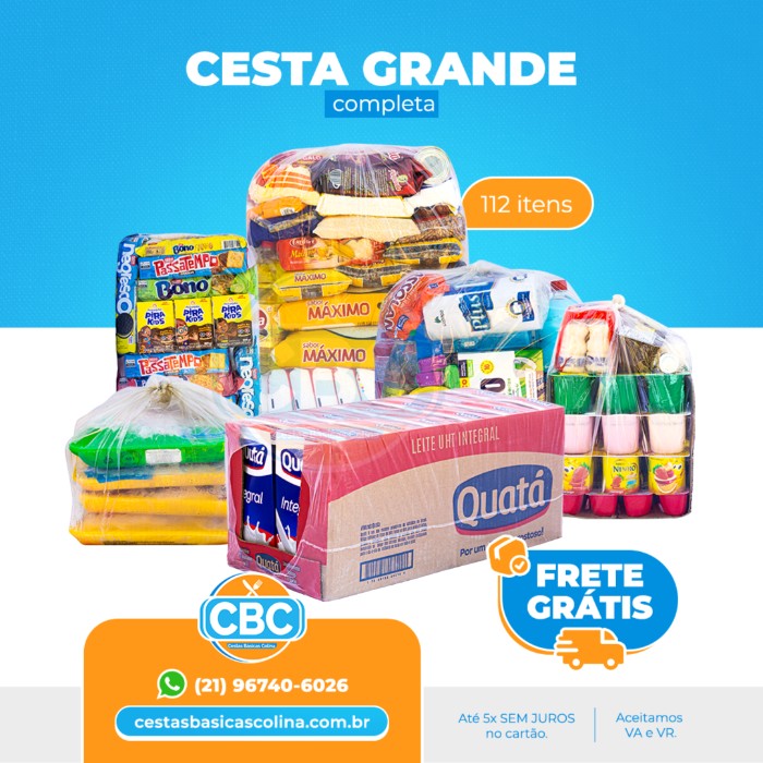 Cesta 3 (Grande) + Kit Limpeza 1 (Folha Simples) + Kit Danone + Kit Biscoito + Kit Frango + Caixa de Leite